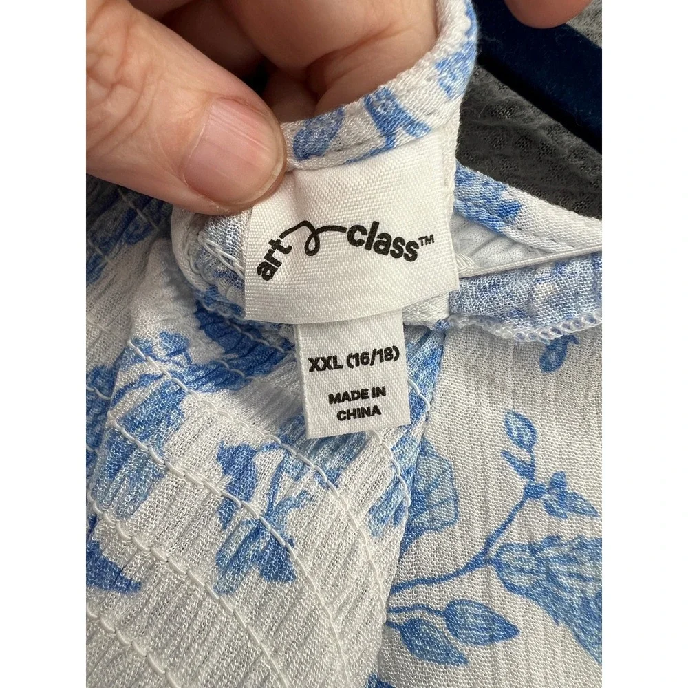 Art Class Dress Girls XXL Blue Floral Smocked Tiered Dress NWT White Short Sleev